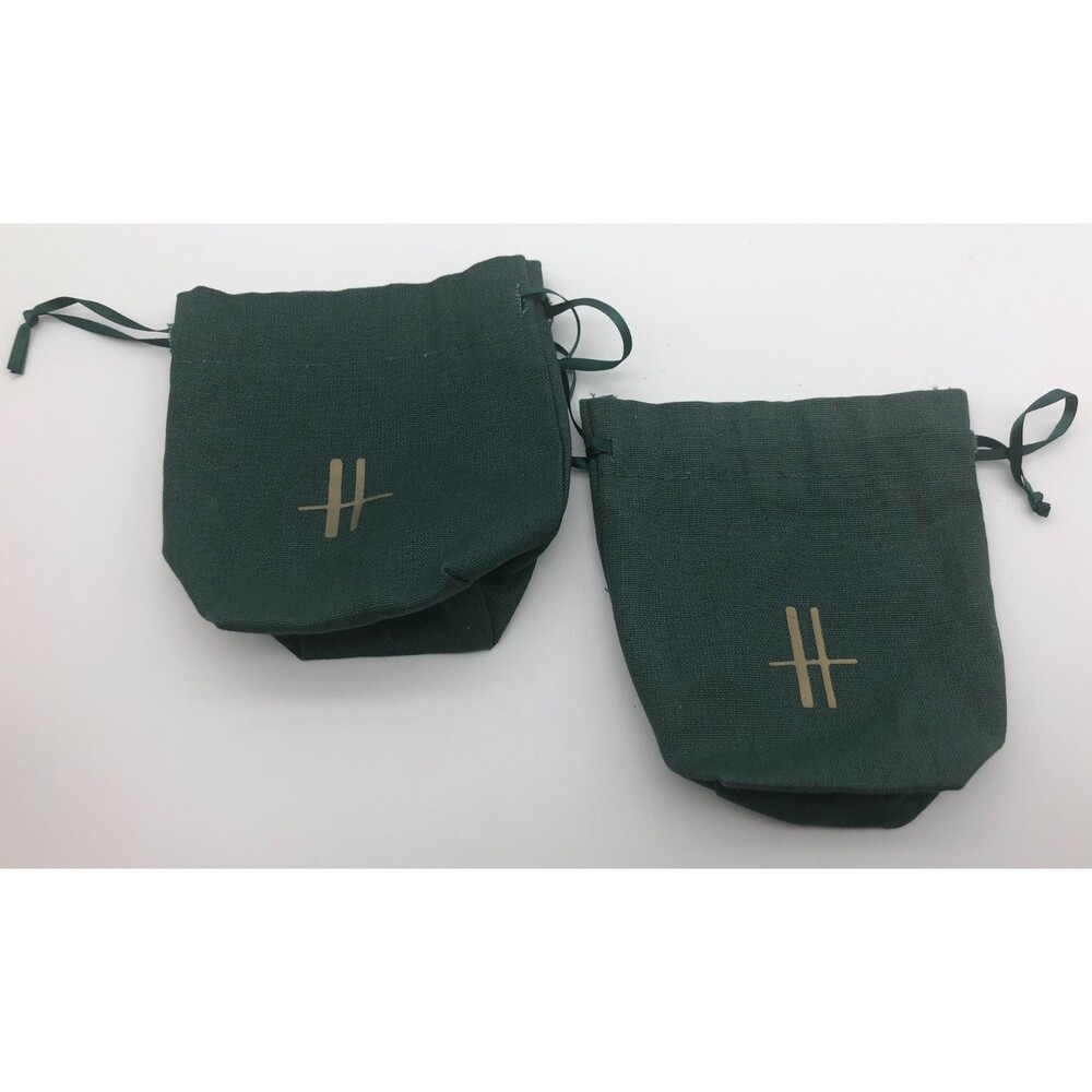 Harrods Fabric Cinch Pouch Set of 2 Green Logo 4.5”x4.5” Jewelry Storage